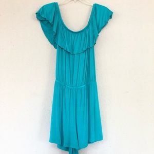Bright Teal Off-The-Shoulder Flowy Romper